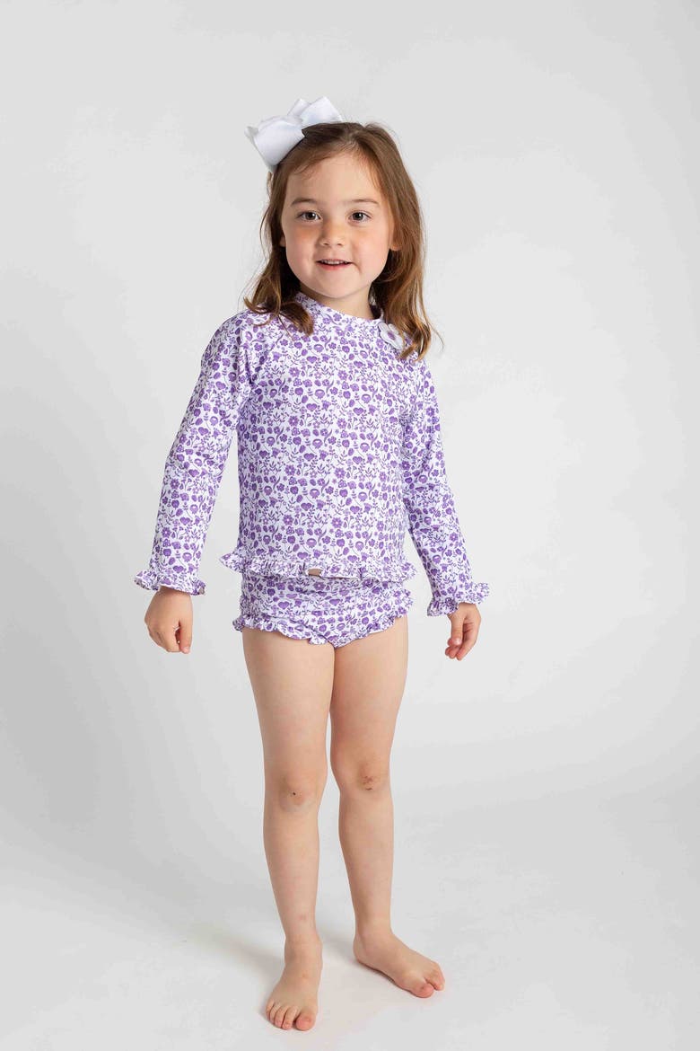 Floral Print Rashguard Swimsuit with Ruffles, Alternate, color, Purple/White