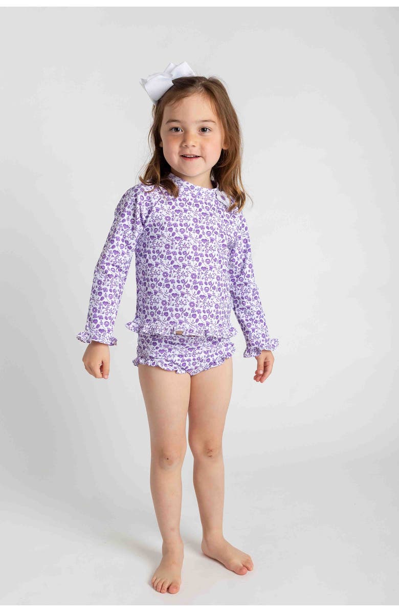 Florence Eiseman Floral Print Rashguard Swimsuit with Ruffles, Alternate, color, Purple/White