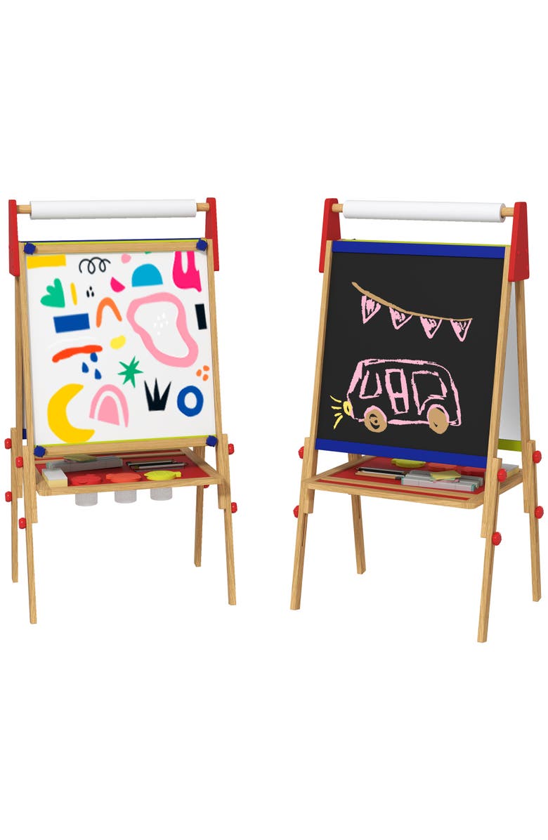 Qaba Kids 3-in-1 Art Easel with Paper Roll, Whiteboard, Chalkboard, Main, color, Natural Wood
