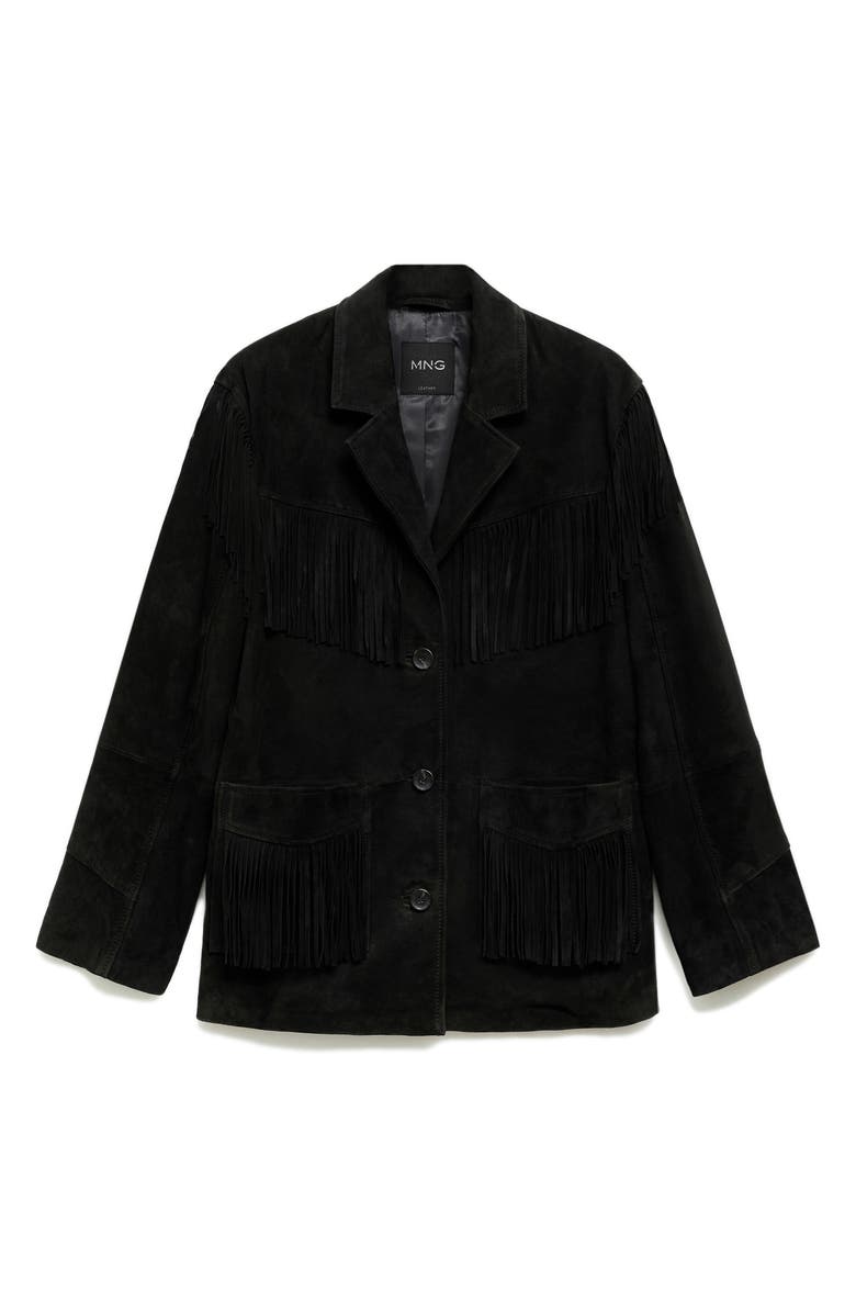 MANGO Fringed Leather Jacket, Main, color, 