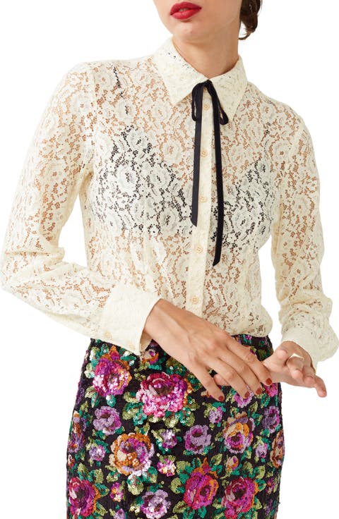 Neck Tie Lace Button-Up Shirt