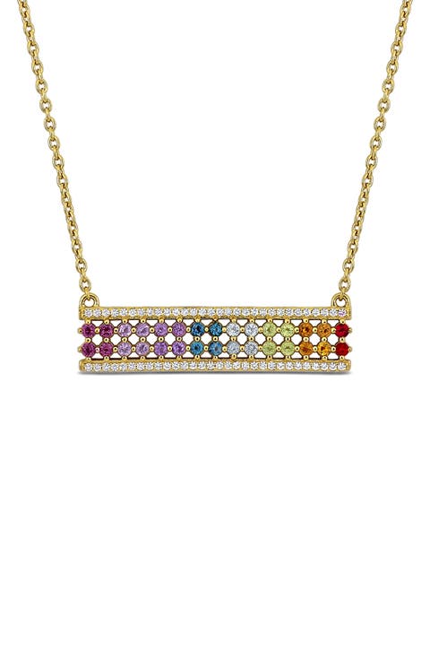 Rainbow Semiprecious Stone & Lab-Grown White Sapphire Bar Pendant Necklace
