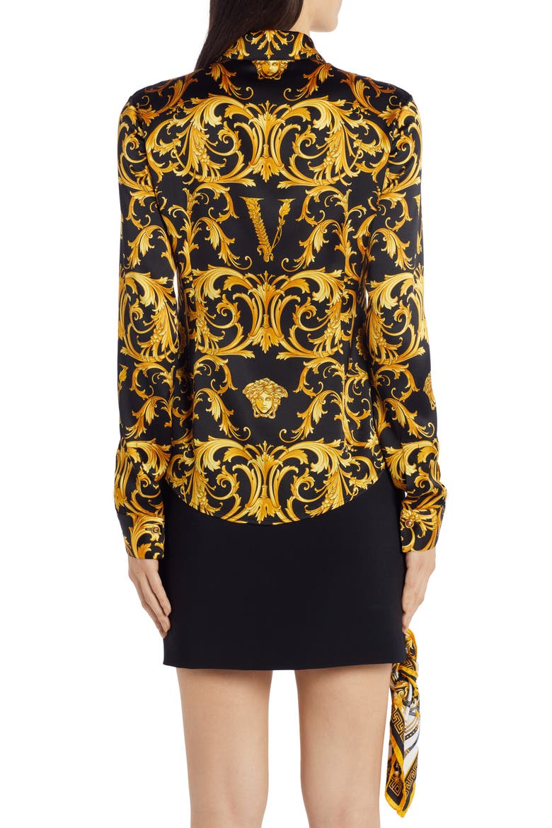 V-Barocco Print Stretch Silk Blouse, Alternate, color, BLACK/GOLD