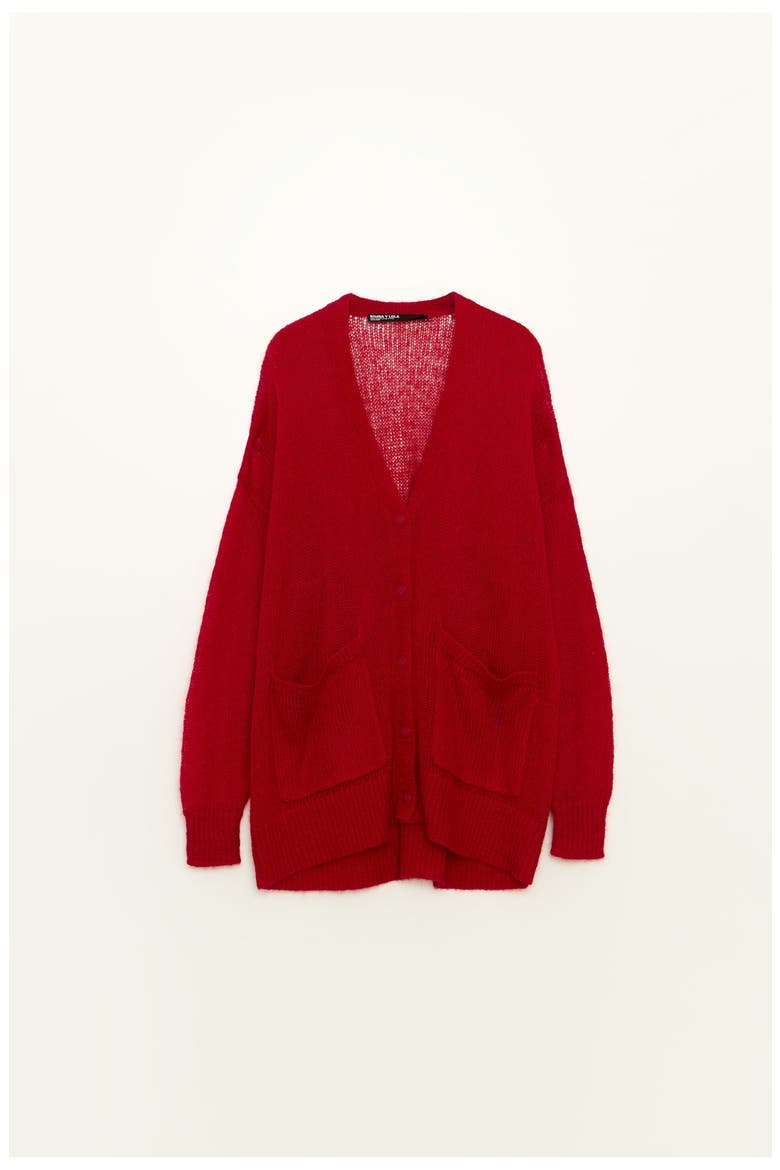 Long Mohair Cardigan With Contrast Trim, Alternate, color, RED