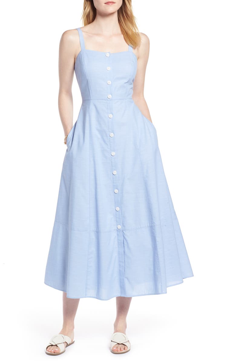 1901 Button Front Chambray Cotton Dress, Main, color, 