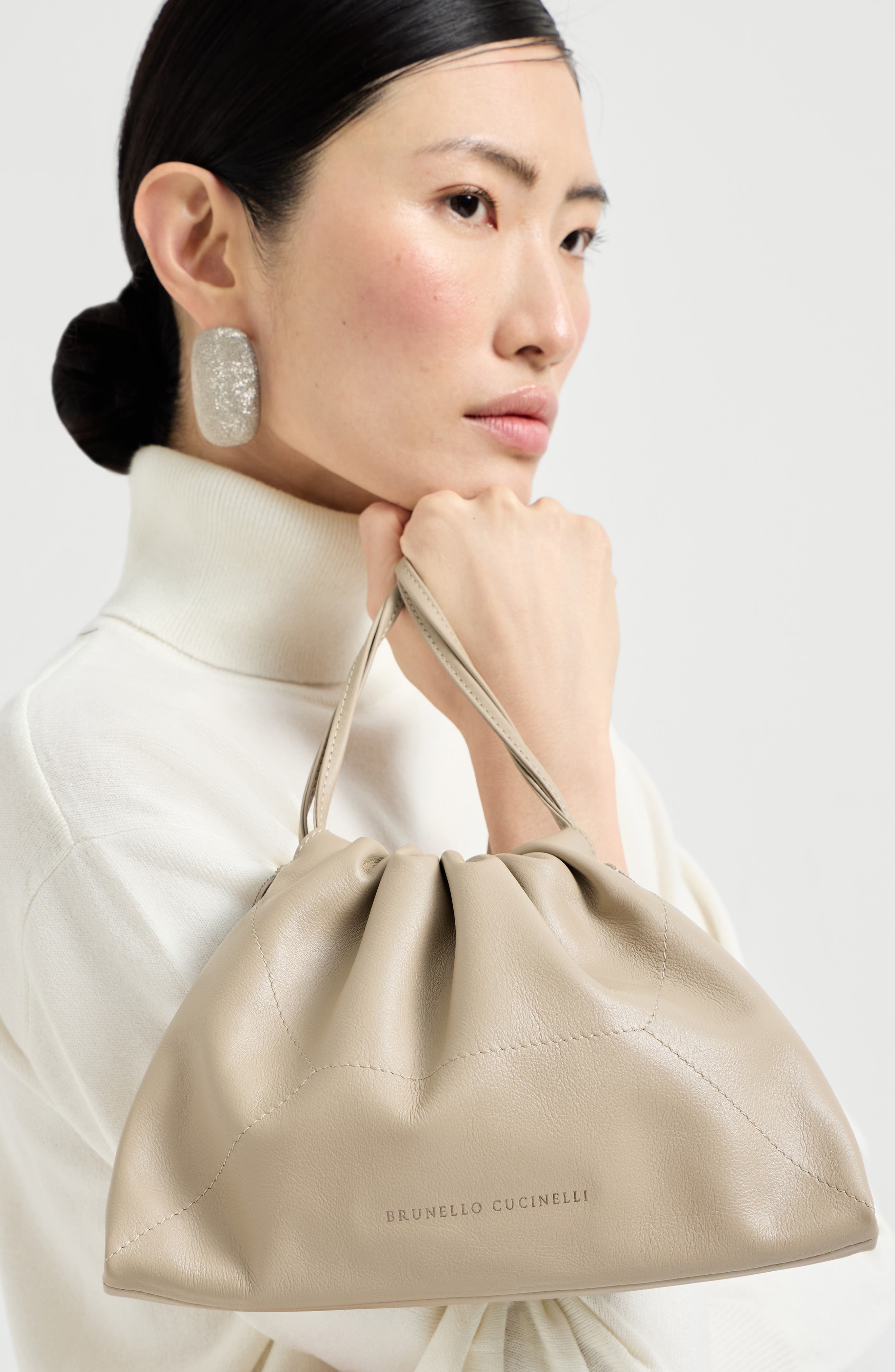 Brunello Cucinelli Calfskin BC Duo pouch bag, Alternate, color, Buff