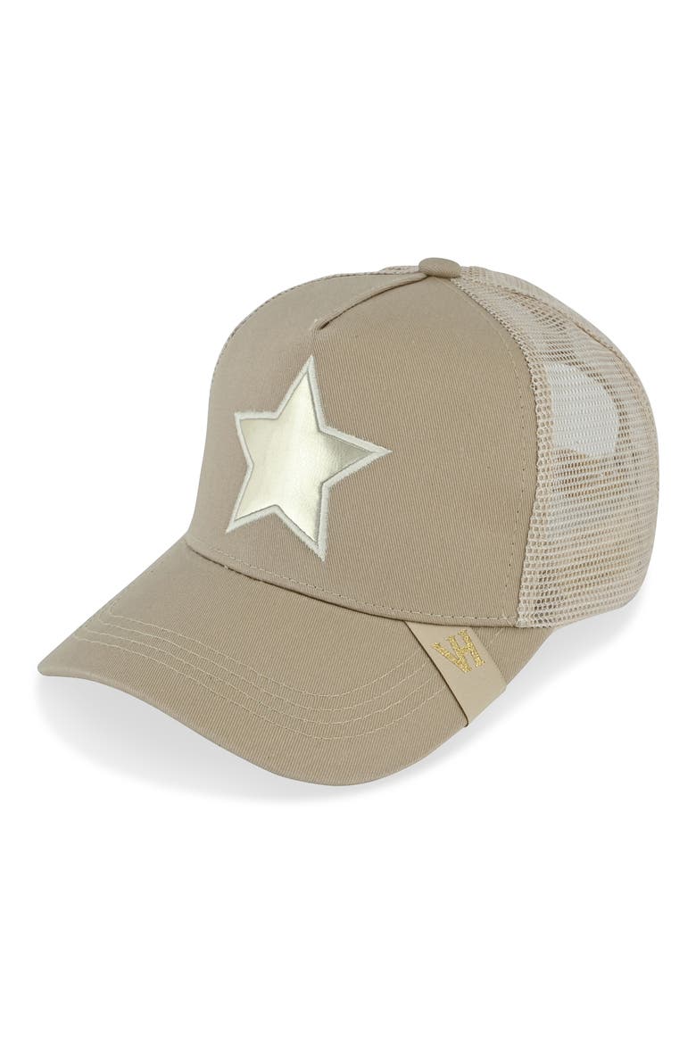 Washed Embroidered Star Mesh Panel Trucker Hat, Alternate, color, KHAKI/ WASHED GOLD