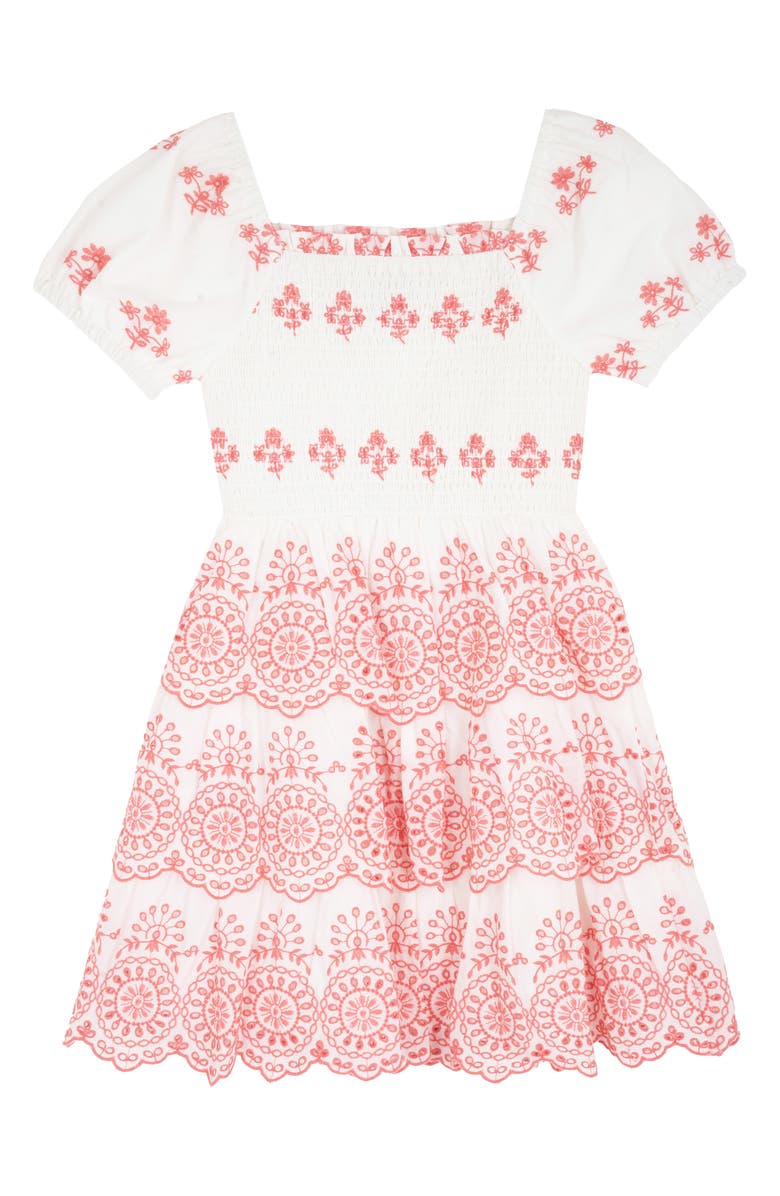 Rare Editions Kids' Cotton Eyelet Smocked Dress, Main, color, Coral