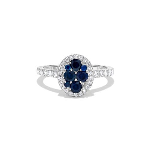 Sapphire Oval Shaped & Diamond Cluster Ring in 14K White Gold