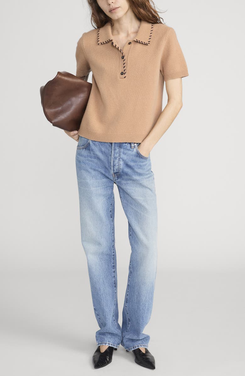 FRAME Leather Whipstitch Wool & Cashmere Sweater, Alternate, color, Camel