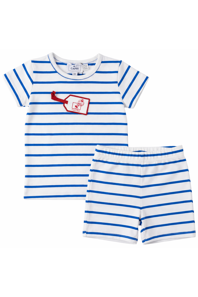 Striped Tag Applique Stretch Cotton Elastic Waist Top & Shorts Set, Main, color, White/Blue/Red