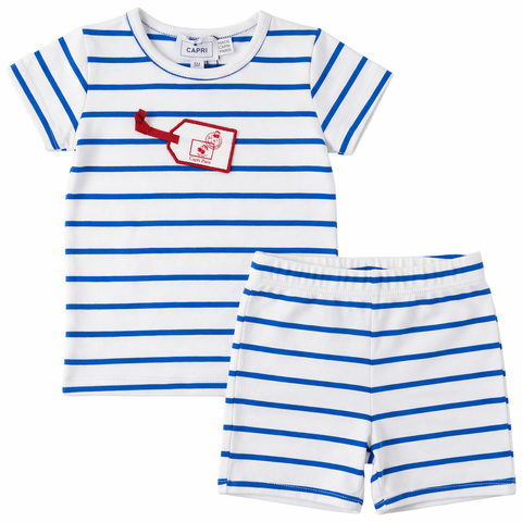 Striped Tag Applique Stretch Cotton Elastic Waist Top & Shorts Set