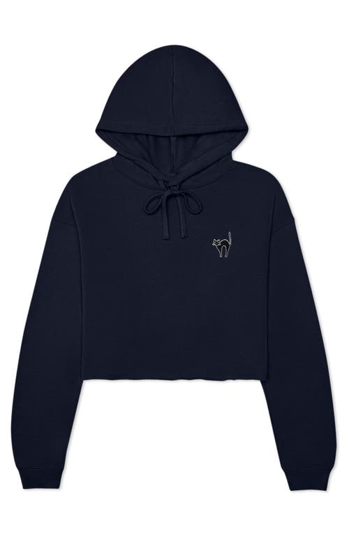 Dalix Black Cat Cropped Fleece Hoodie In Navy Blue