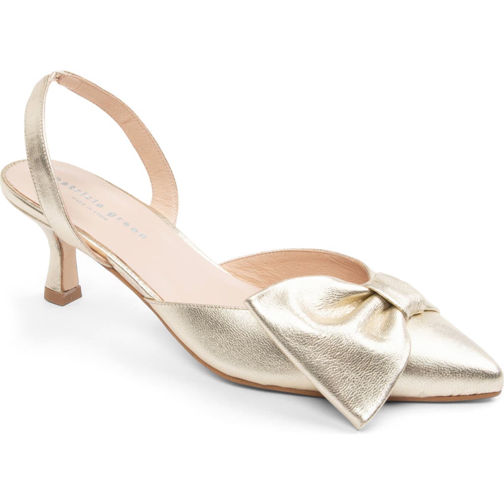 Patricia Green London Bow Pointed Toe Kitten Heel Pump In Gold Leather