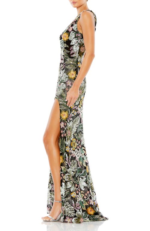 Mac Duggal Floral Sequin-embroidered One-shoulder Gown In Black Multi