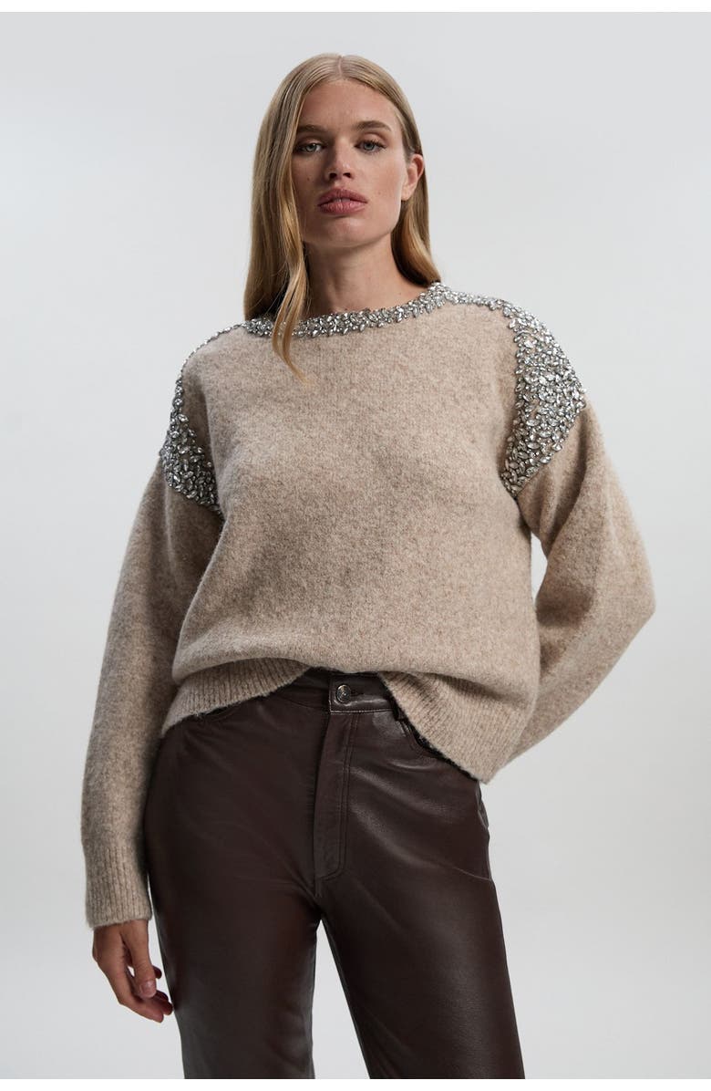 Karen Millen Embellished Trim Cosy Knit Jumper, Main, color, Oatmeal