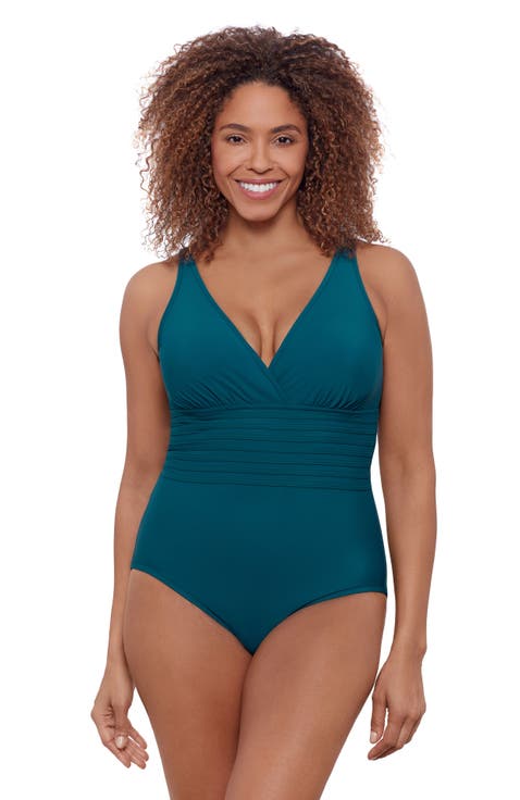 Full Coverage Surplice Trim Overlay V-Neck One-Piece Swimsuit