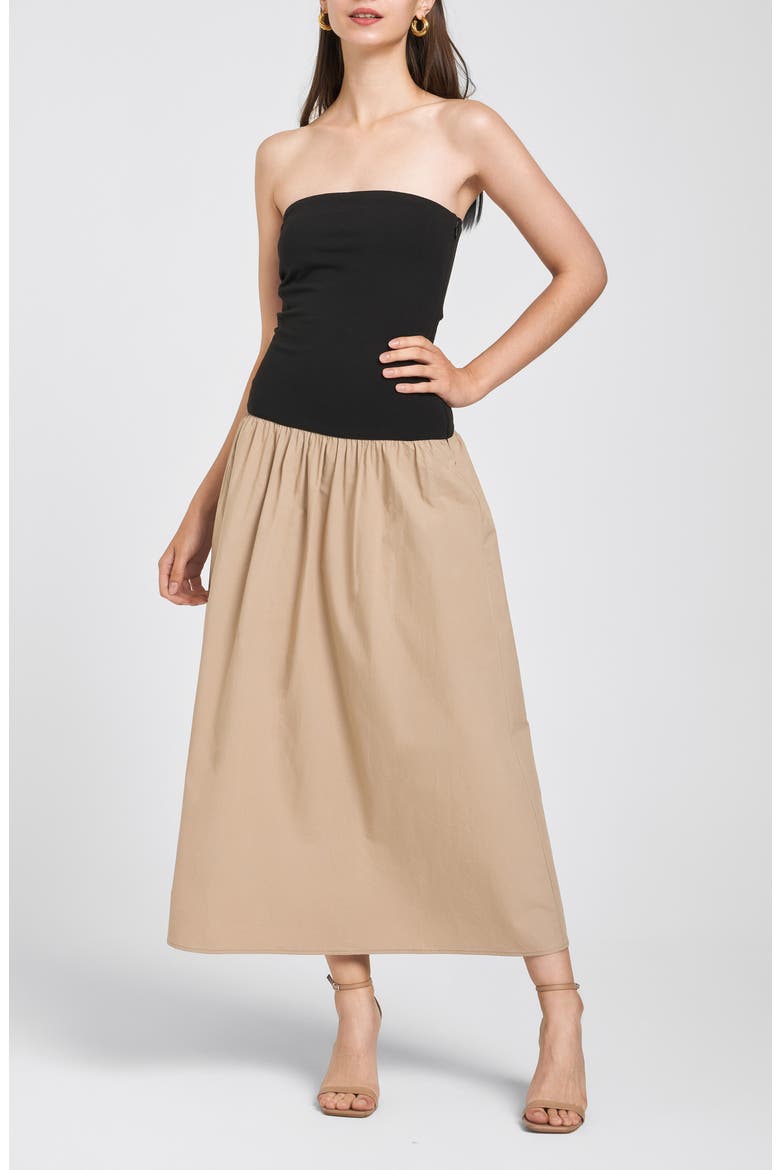 Kierstin Strapless Midi Dress, Main, color, BLACK / KHAKI