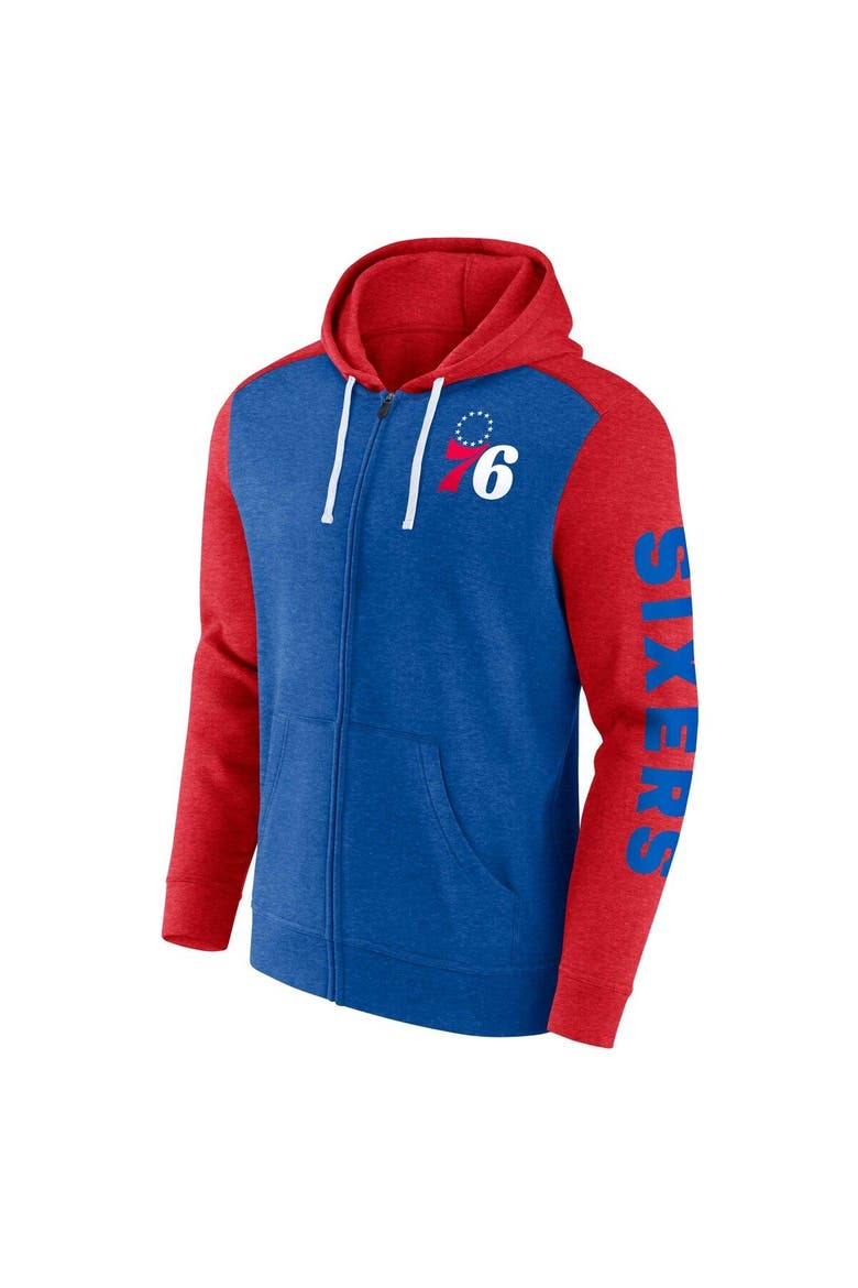 Men's Fanatics Branded Heather Royal/Heather Red Philadelphia 76ers Down and Distance Full-Zip Hoodie, Alternate, color, Heather Royal