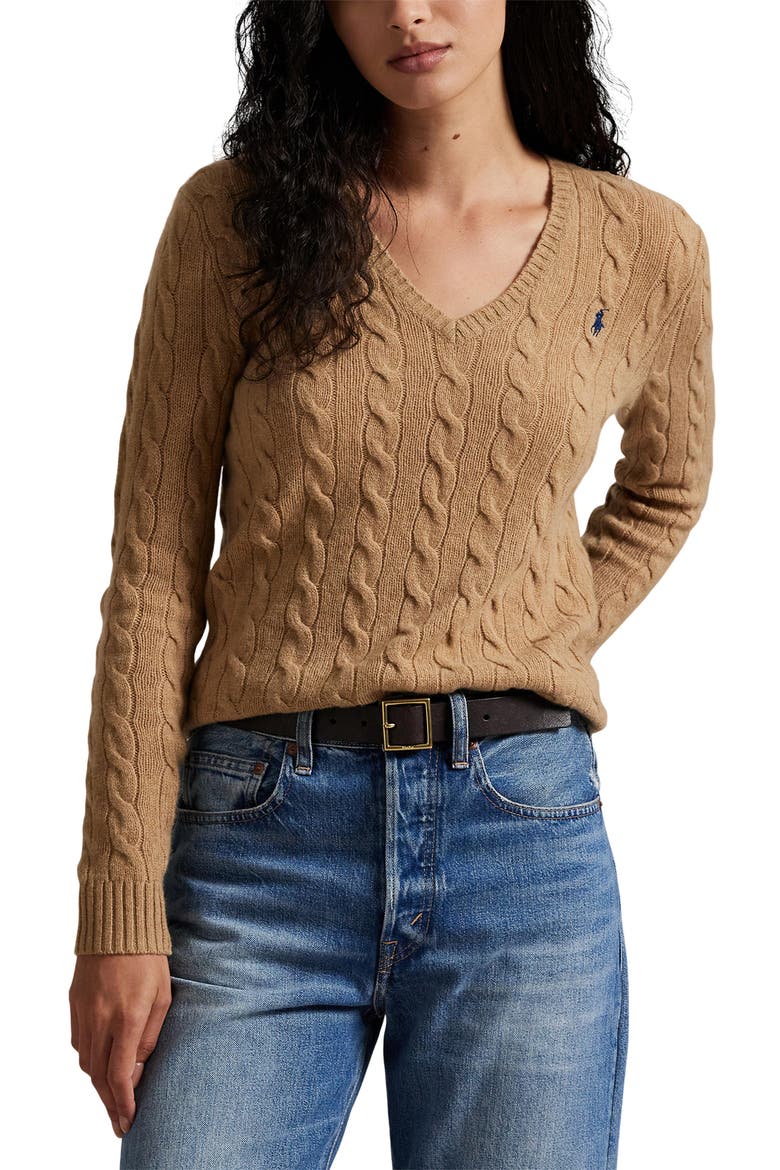 Kimberly Cable Wool & Cashmere V-Neck Sweater, Main, color, COLLECTION CAMEL MELANGE