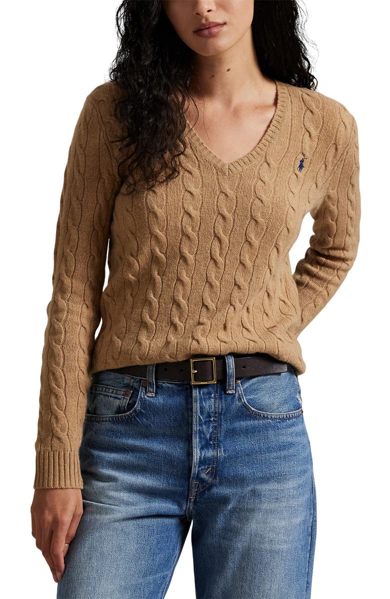 Polo Ralph Lauren Kimberly Cable Wool & Cashmere V-Neck Sweater, Main, color, Collection Camel Melange