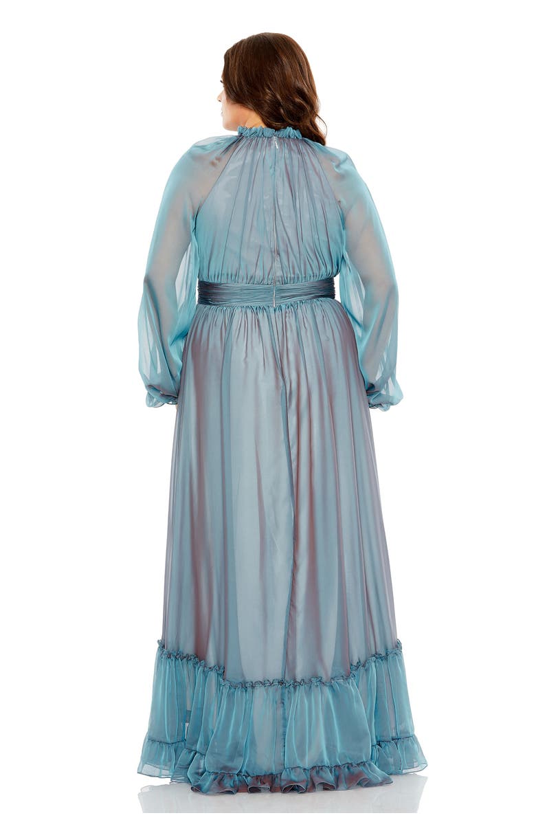 Mac Duggal Puff Sleeve w/ Embellished Cuff V Neck A Line Gown, Alternate, color, French Blue