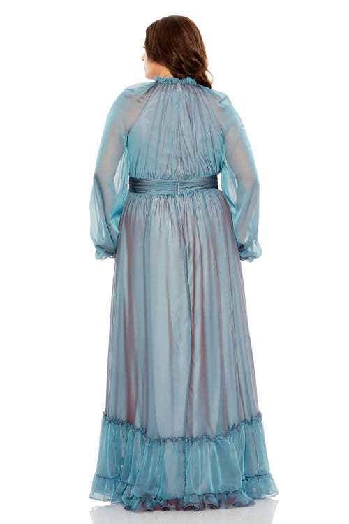 Mac Duggal Puff Sleeve With Embellished Cuff V Neck A Line Gown In French Blue
