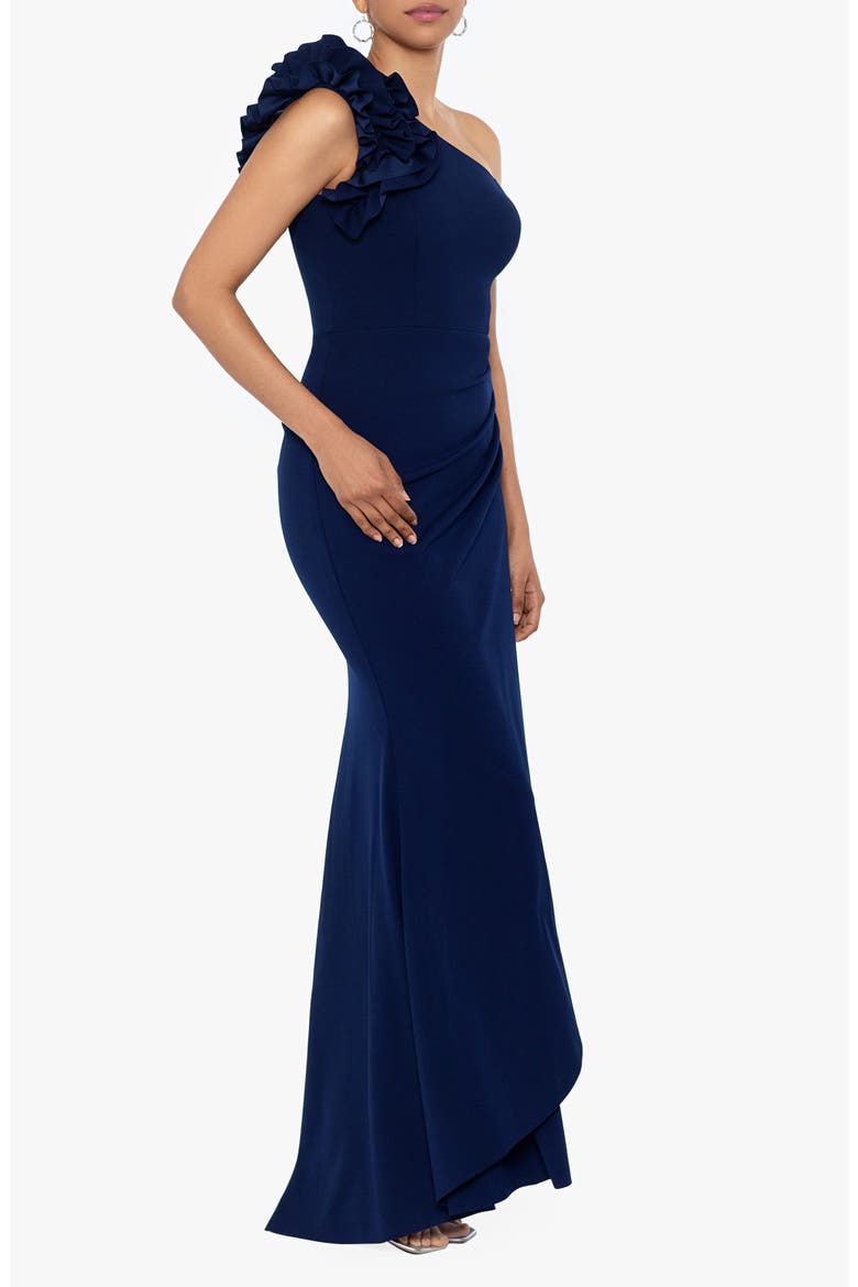 Ruffle One-Shoulder Scuba Crepe Gown, Alternate, color, NAVY