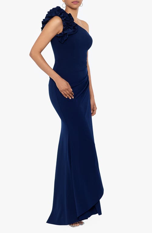 Xscape Evenings Ruffle One-shoulder Mermaid Gown In Navy