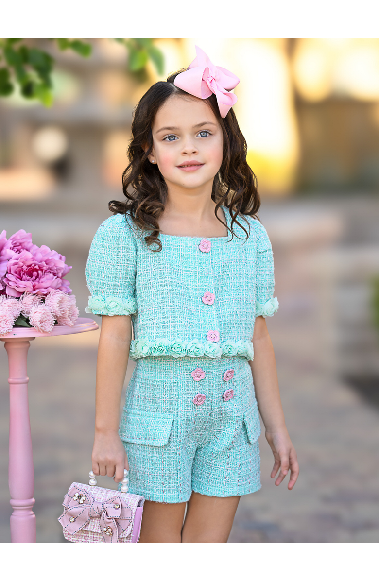 Mia Belle Girls Girls Blue Gingham Puff Sleeve Tweed Top and Short Set, Alternate, color, Blue-Green