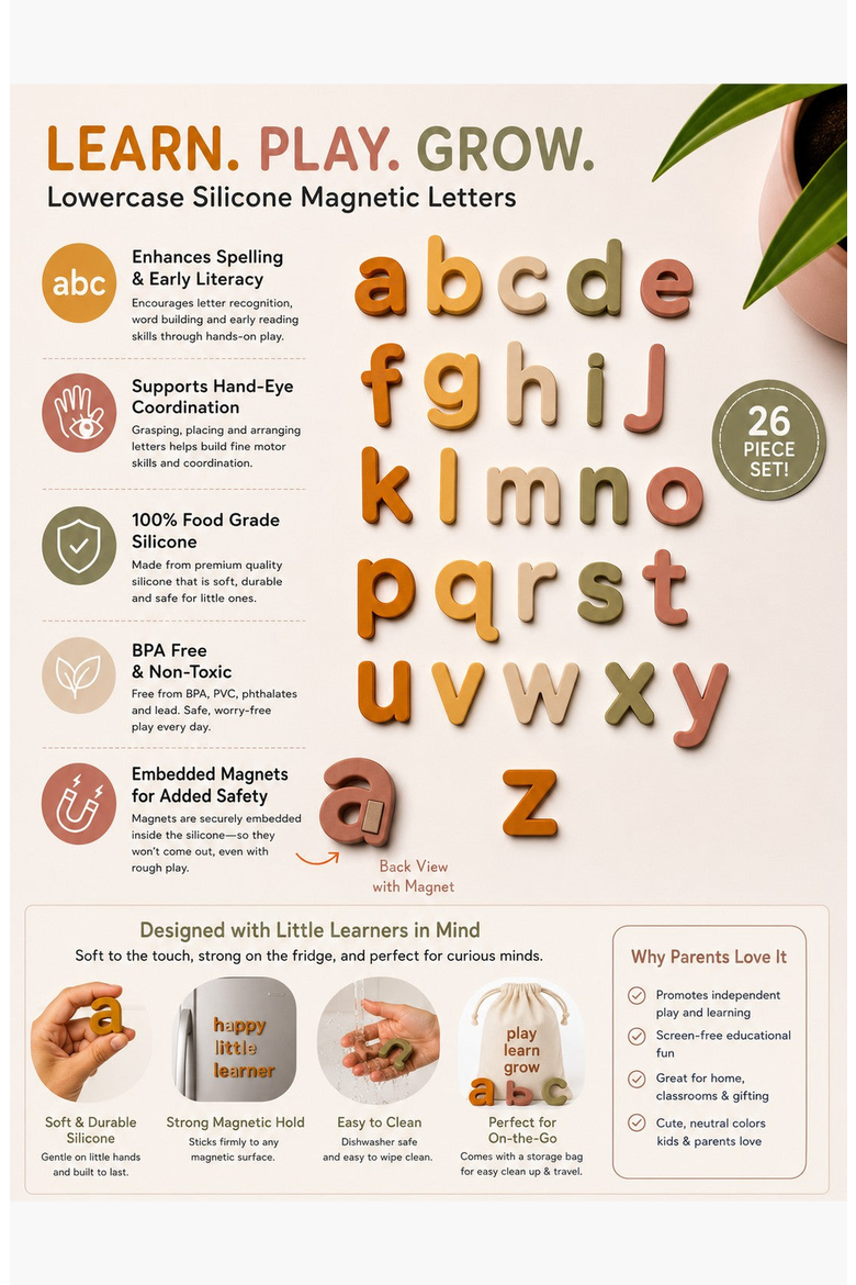 Lowercase Silicone Magnetic Letters, Alternate, color, Neutral