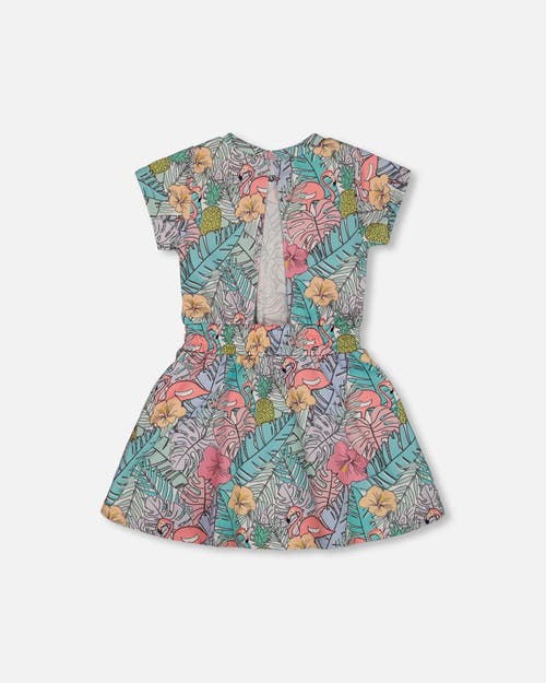 Deux Par Deux Girls' Printed French Terry Flamingos Dress - Big Kid In Lilac And Pink Flamingos