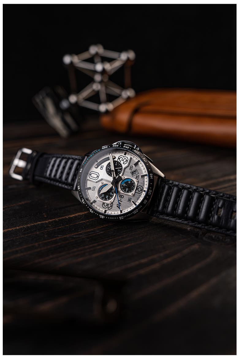 P-51 Mustang Blakeslee Chronograph Leather Strap Watch, 43mm, Alternate, color, WHITE
