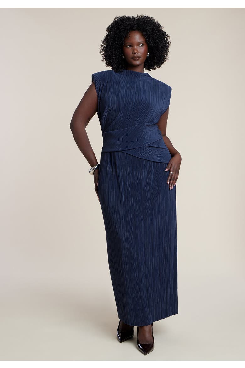 Draped Bodice Plisse Maxi Dress, Alternate, color, DARK NAVY
