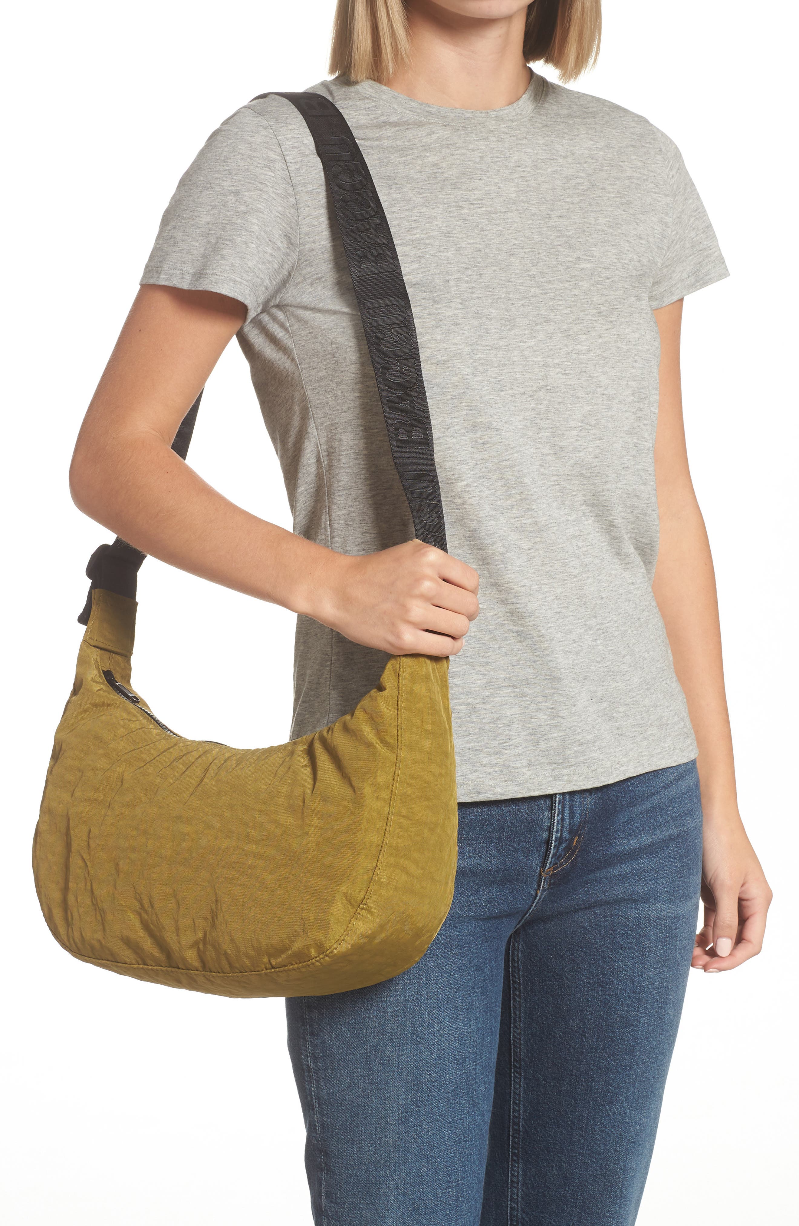 Medium Crescent Nylon Canvas Shoulder Bag, Alternate, color, MOSS