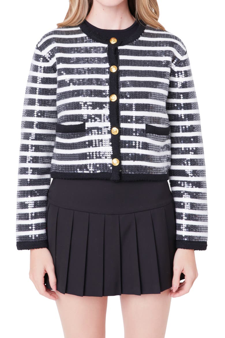 Sequin Stripe Cardigan, Main, color, BLACK/ IVORY