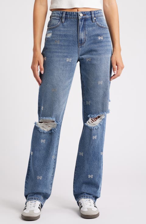 Rhinestone Bow Ripped High Waist Straight Leg Jeans