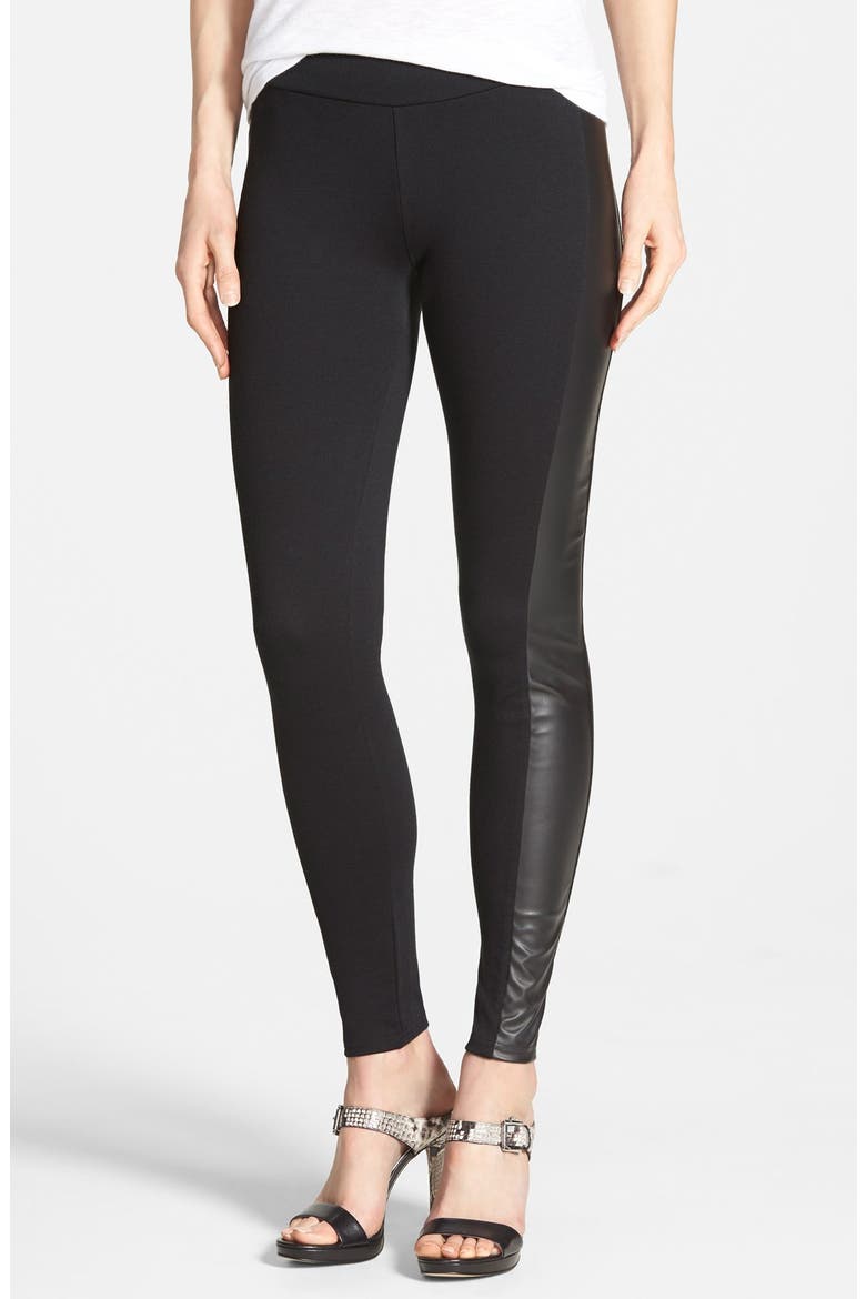 Faux Leather Trim Ponte Leggings, Main, color, BLACK