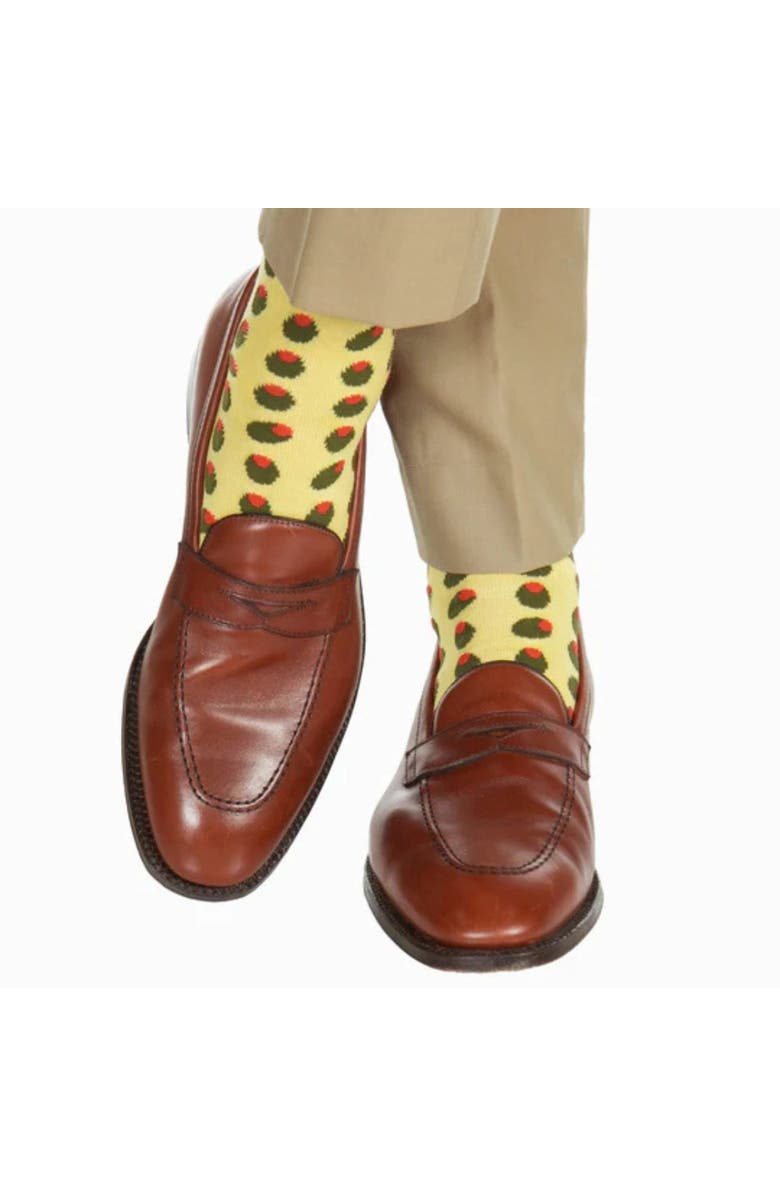 Trafalgar Happy Hour Martini Olives Over The Calf Mercerized Cotton Novelty Socks, Alternate, color, Yellow