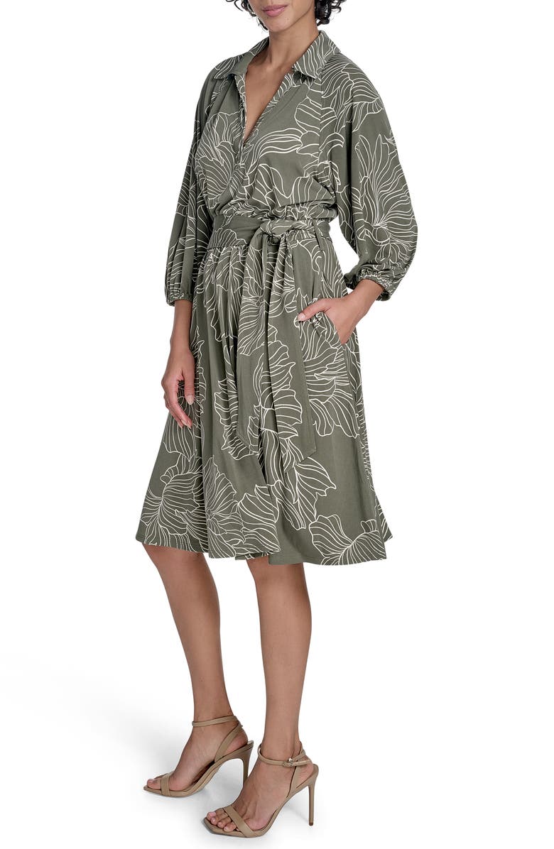 Calvin Klein Floral Balloon Sleeve Tie Waist Dress, Alternate, color, Caper/ Anitque White