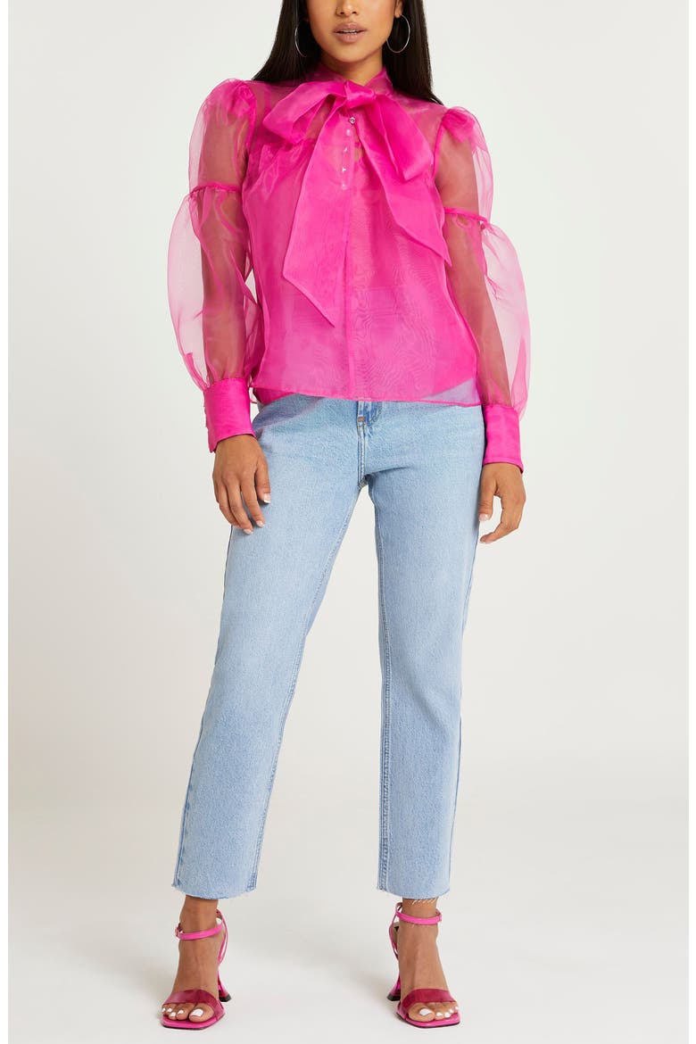 Sheer Organza Bow Neck Blouse, Alternate, color, BRIGHT PINK