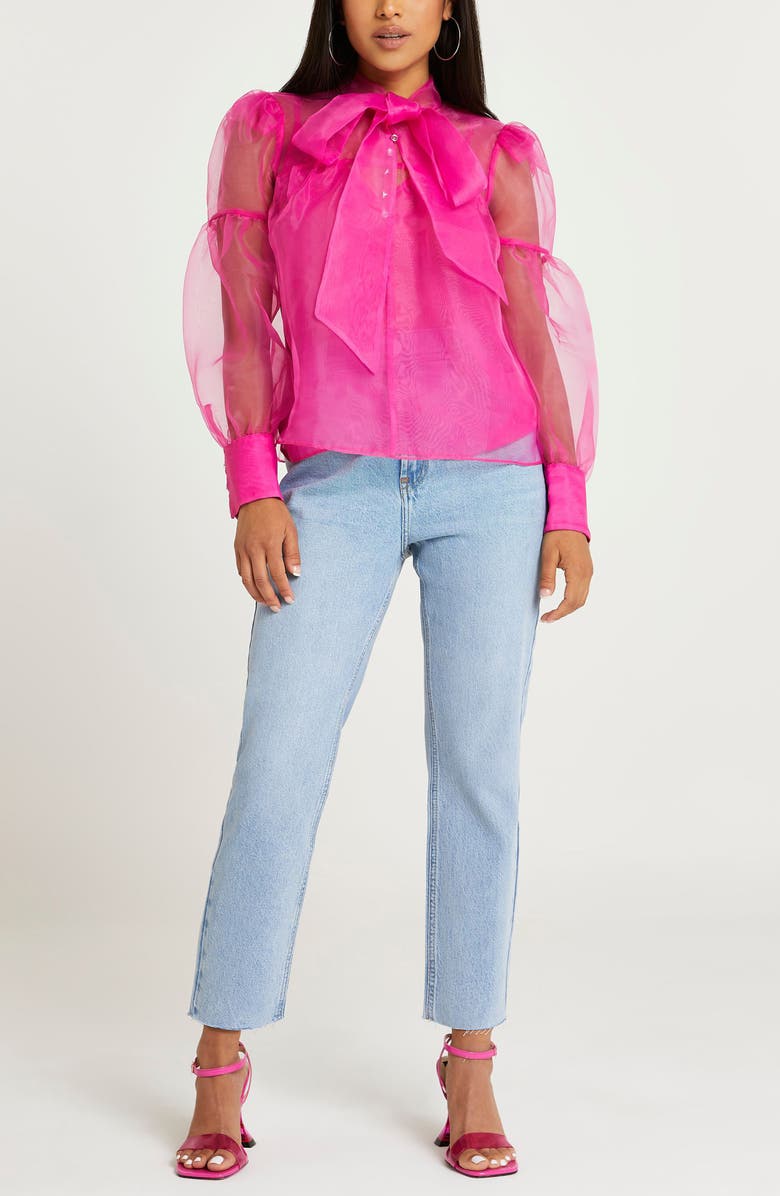 River Island Sheer Organza Bow Neck Blouse, Alternate, color, 