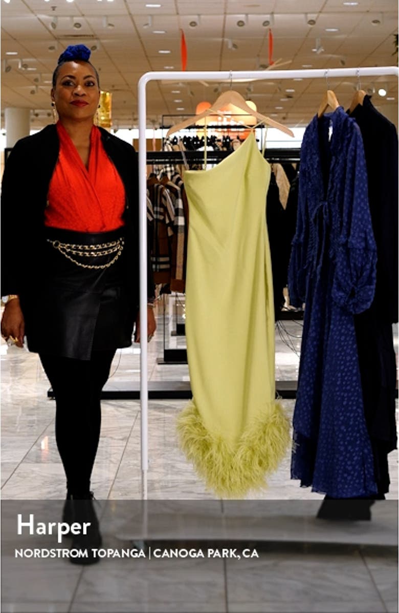 Alessia Asymmetric Feather Trim Midi Dress, sales video thumbnail