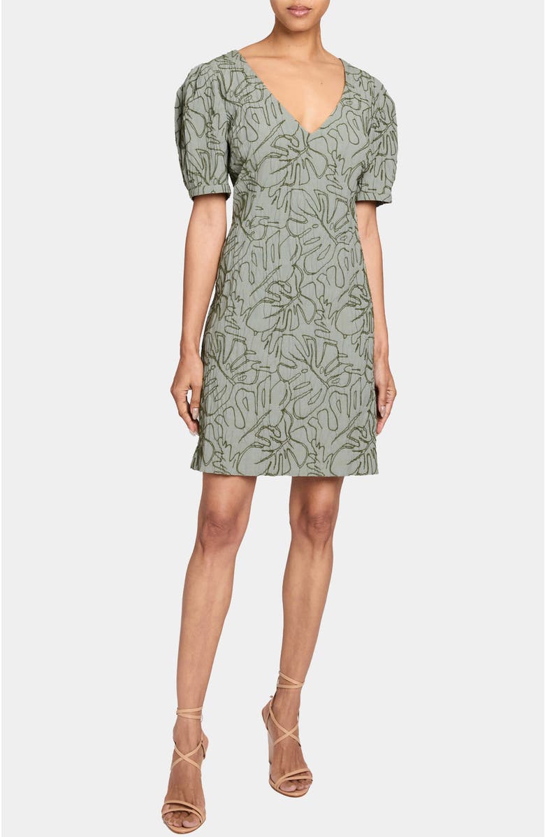 Santorelli Bianca A-Line Shift Dress with Puff Sleeves in Abstract Stretch Cotton Cloque, Main, color, Aloe