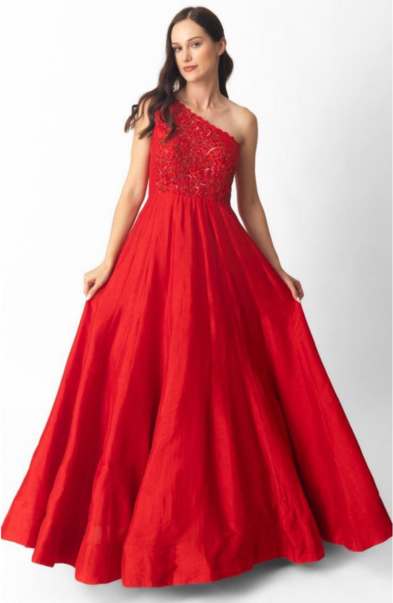 RAAS Kia Raw Silk One Shoulder Gown, Main, color, Red