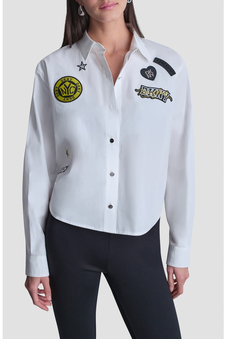 Patch Detail Cotton Button-Up Shirt, Main, color, WHITE