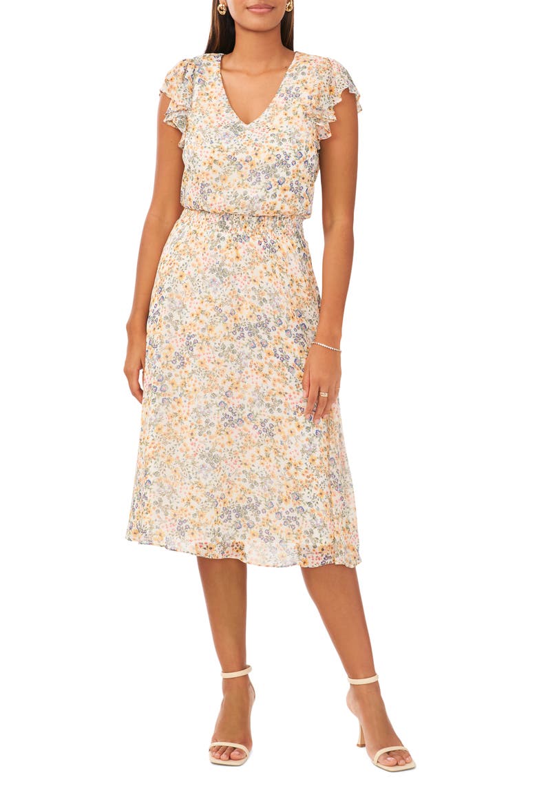 Floral Smocked Waist Midi Dress, Main, color, WHITE MULTI