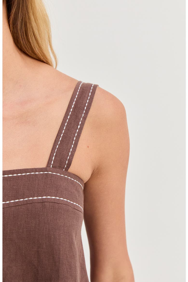 Contrast Stitch Square Neck Linen Mini Dress, Alternate, color, Brown