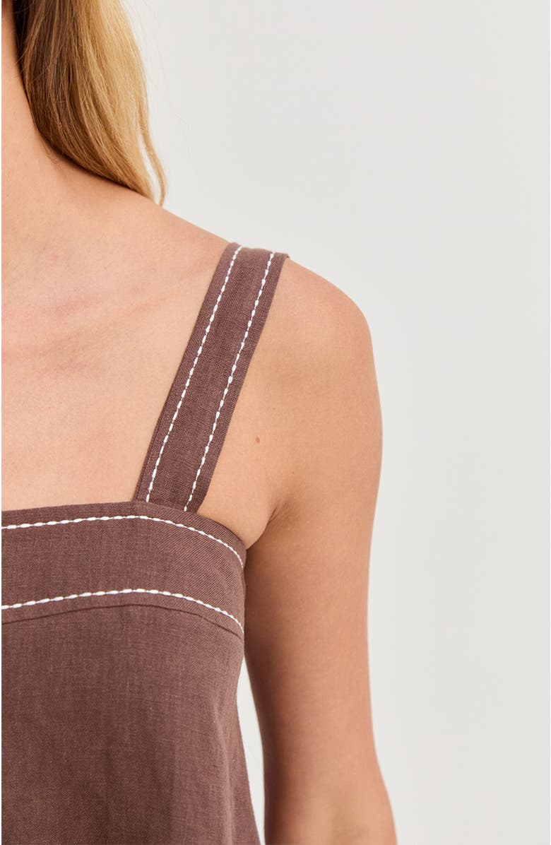 CRESCENT Contrast Stitch Square Neck Linen Mini Dress, Alternate, color, Brown