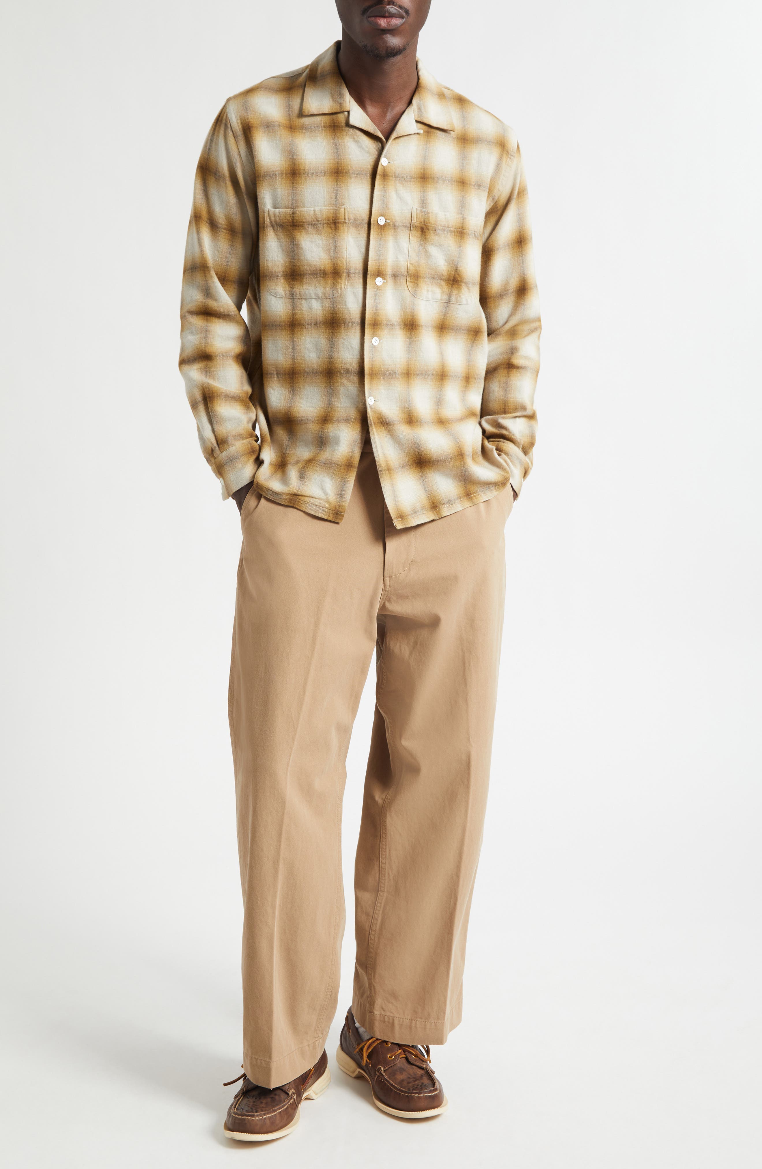 Open Collar Ombré Check Brushed Flannel Button-Up Shirt (Men